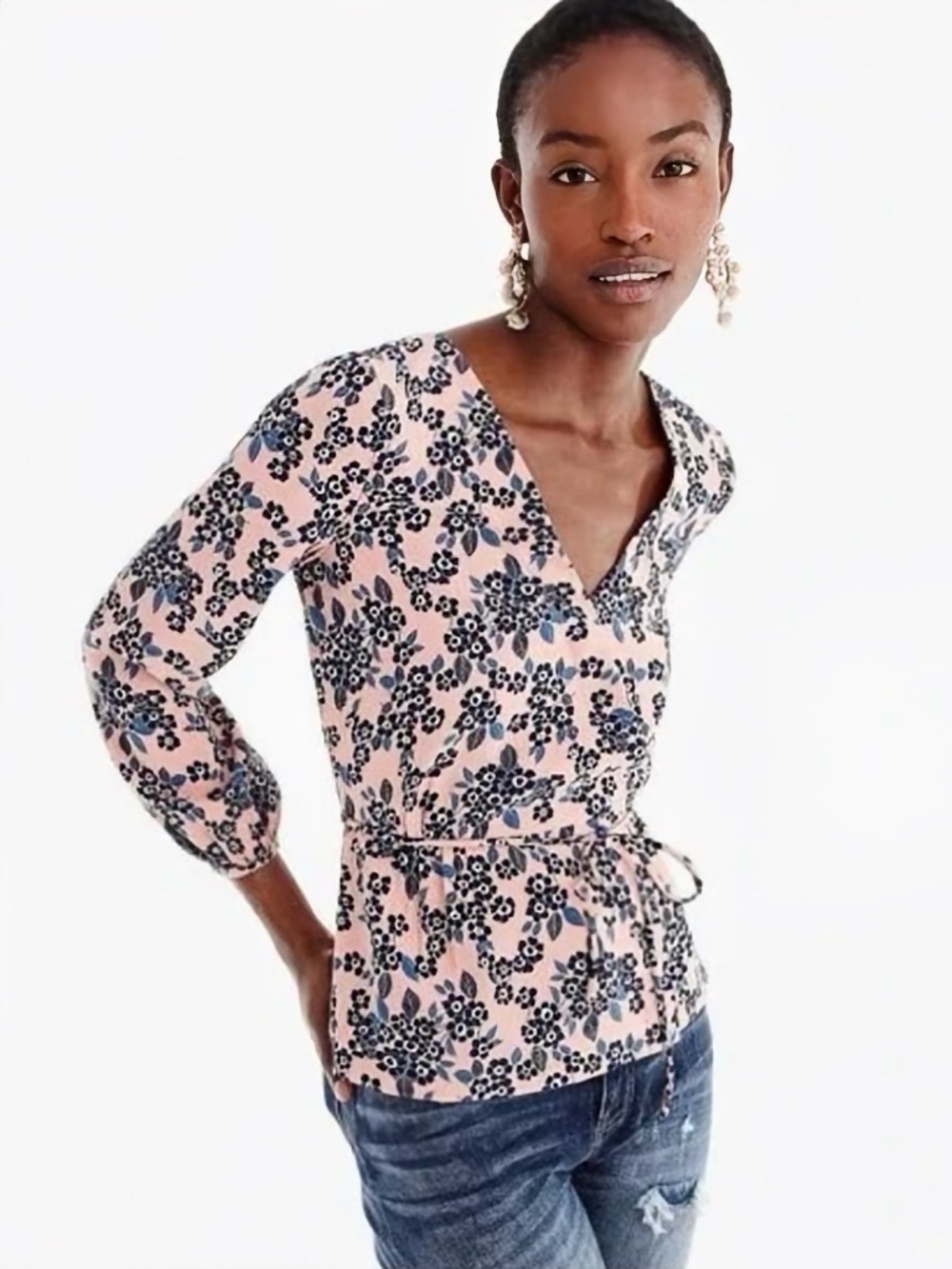 J. Crew Pink & Blue Floral Print Faux Wrap Crepe Blouson Sleeve Blouse Size 4